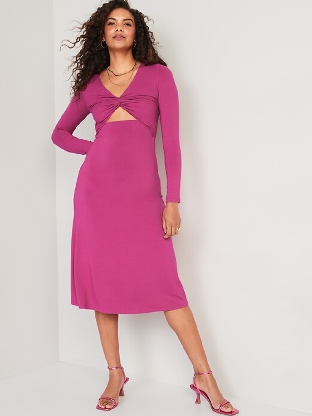 NWOT Old Navy Fit & Flare Twist-Front Cutout Long Sleeve Pink Midi Dress- Medium